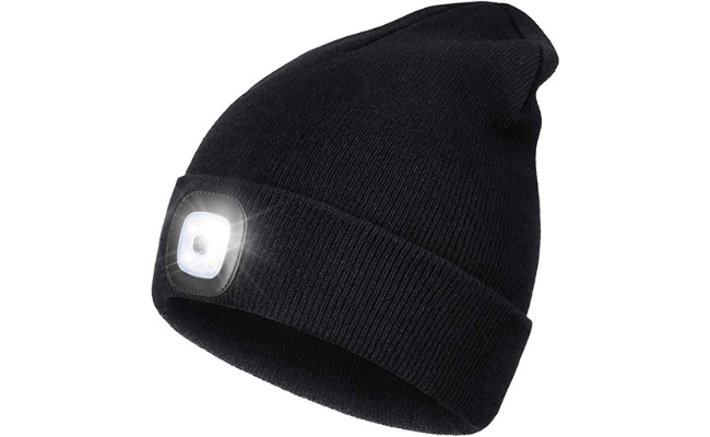 LED Beanie with Light,Unisex USB Rechargeable Hands Free 4 LED Headlamp Cap Winter Knitted Night Lighted Hat Flashlight Women Men Gifts for Dad