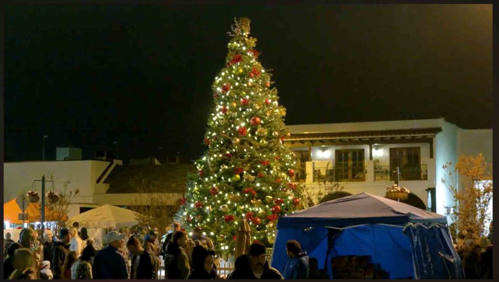 Last year's Christmas Tree Lighting in El Segundo, California. This year's free, family-friendly event will have vendors of West African, Mexican, Indian and Japanese foods, crafts, and activities such as dreidel painting, diya lamp-making, Filipino Parol lantern making