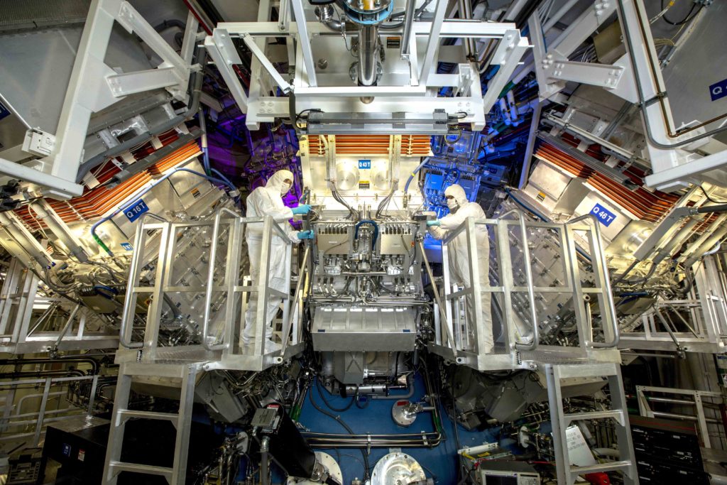 National Ignition Facility (NIF) Target Area operators inspect a final optics assembly (FOA) during a routine maintenance period at Lawrence Livermore National Laboratory federal research facility in Livermore, California, United States in an undated photograph. Jason Laurea/Lawrence Livermore National Laboratory/Handout via REUTERS
