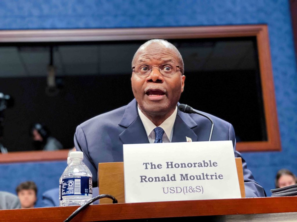 Ronald Moultrie, who oversees a newly formed Pentagon-based UAP (unidentified aerial phenomena) investigation team as U.S. Under Secretary of Defense for Intelligence & Security, testifies about these phenomena during a hearing before a U.S. House of Representatives intelligence subcommittee, the first such congressional hearing on the subject of what are commonly known as UFOs in a half century, on Capitol Hill in Washington, U.S. May 17, 2022. REUTERS/Joey Roulette/File Photo