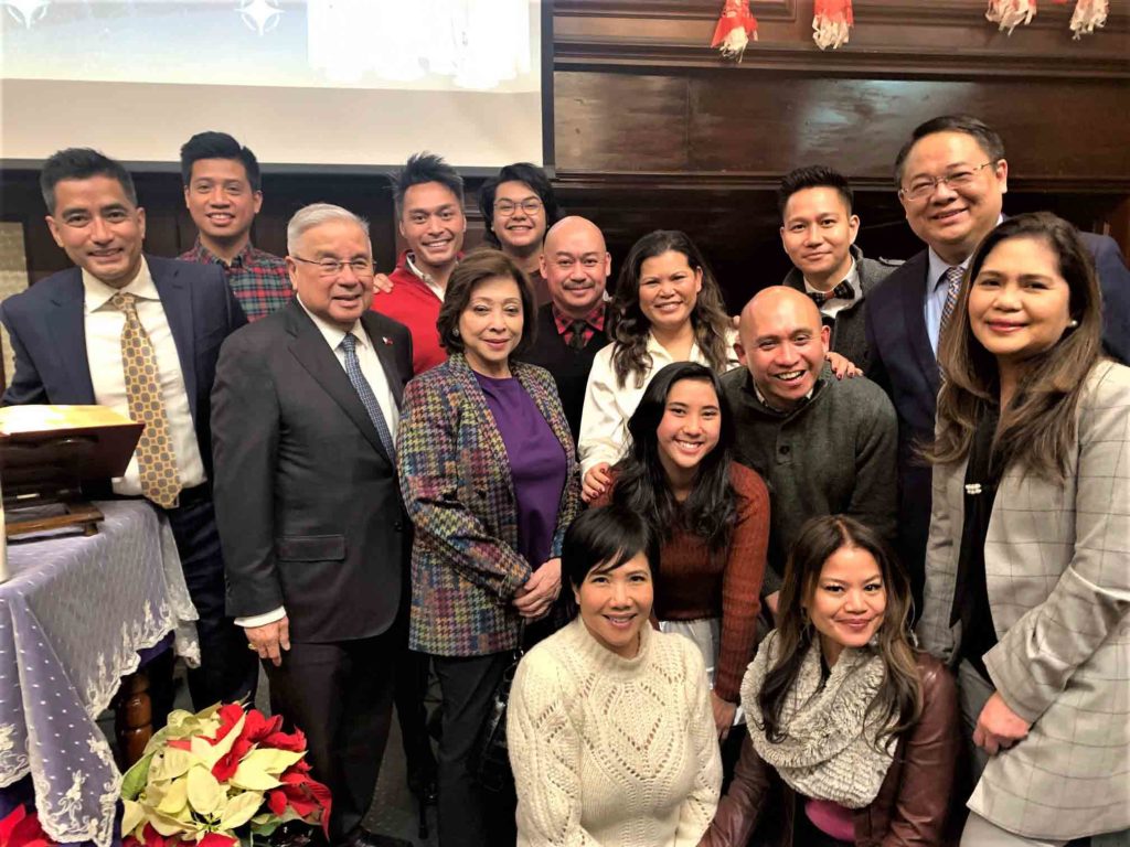 Broadway Barkada, a Broadway musical group, performed Christmas carols and traditional church songs during the Simbang Gabi sa Konsulado at New York. In photo with Ambassador Antonio Lagdameo and his wife, Linda Floreindo Lagdameo (3rd and 4th from left) with Consul General Elmer Cato and Mrs Melanie Cato (right). INQUIRER/C. Tanjutco