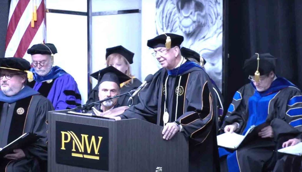 Purdue University Northwest Chancellor Thomas L. Keon mocked Asian languages in a commencement speech Saturday. SCREENSHOT/NPR