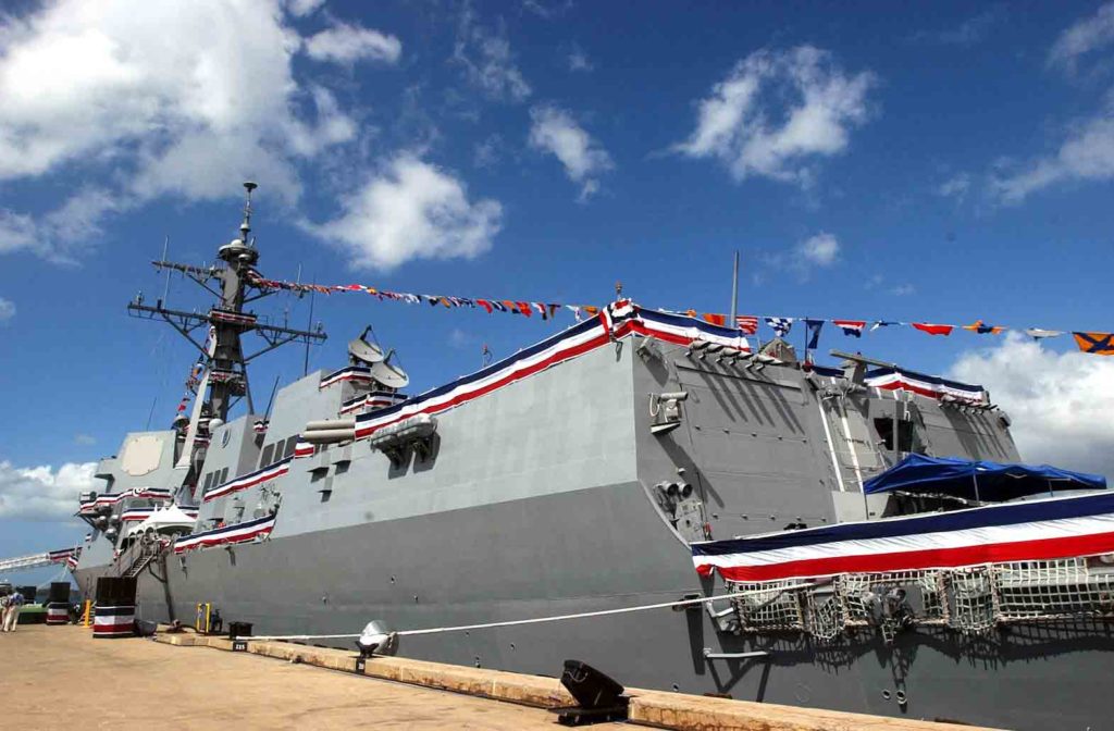 The USS Chung-Hoon sits ready to be placed in active service before its commissioning ceremony on Ford Island at Pearl Harbor, Hawaii, September 18, 2004. REUTERS/Lucy Pemoni/File Photo