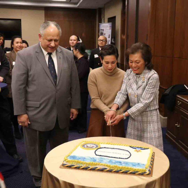 Secretary Del Toro (left) with ship sponsors Christine Trinidad (center), and US retired Rear Adm. Connie Mariano (rightt) cutting the cake. (PH Embassy photo)