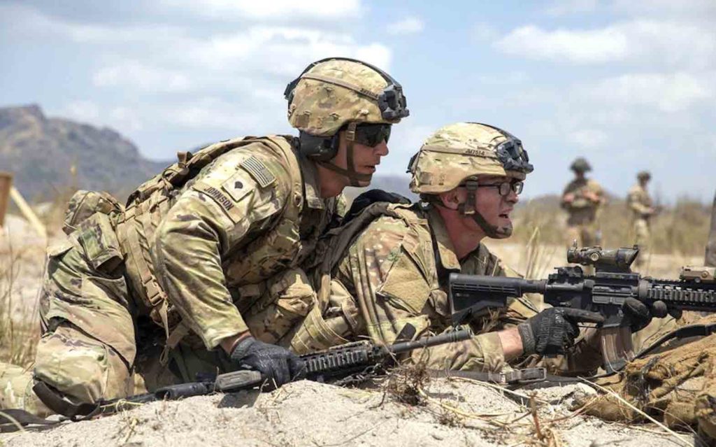 Soldiers with the 3rd Infantry Brigade Combat Team, 25th Infantry Division, conduct team live-fire training during the Salaknib exercise at Colonel Ernesto Rabina Air Base, Philippines, March 8, 2022. (Matthew Mackintosh/U.S. Army) 