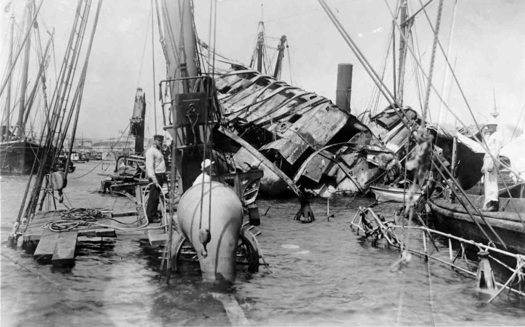 Post-explosion wreckage of USS Maine: Americans who had been advocating for war against Spain for months blamed the Spanish for the sinking. 