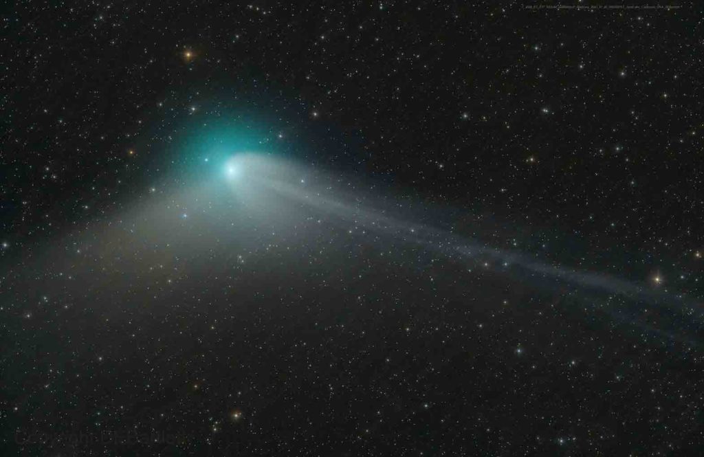 A green comet named Comet C/2022 E3 (ZTF), which last passed by our planet about 50,000 years ago and is expected to be most visible to stargazers this week, is seen journeying tens of millions of miles (km) away from Earth in this telescope image taken on January 28, 2023. Dan Bartlett /Handout via REUTERS