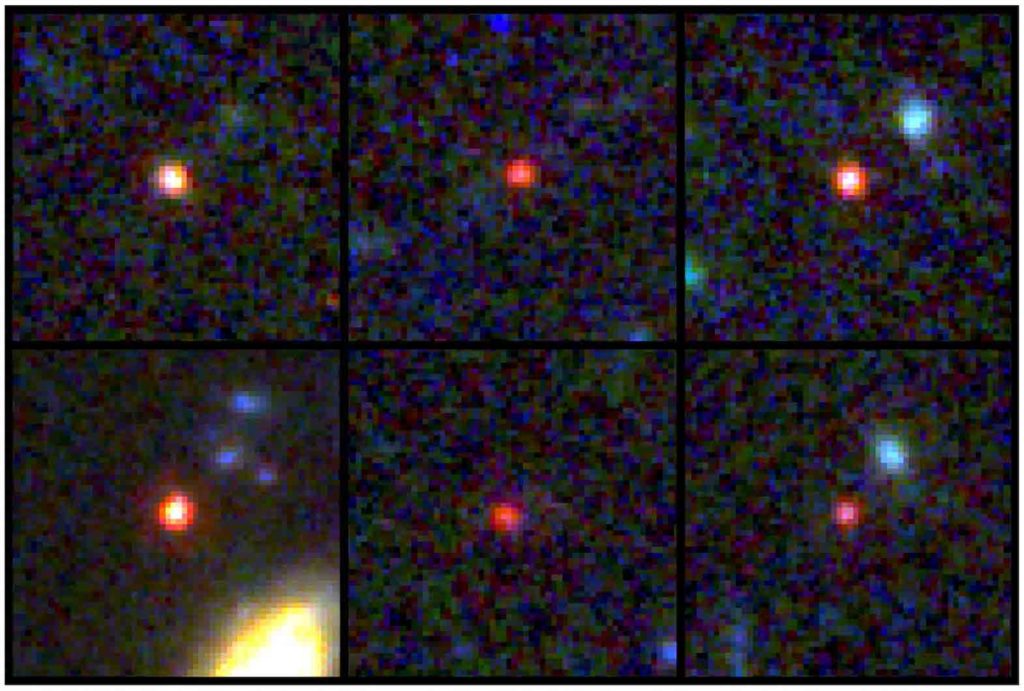 Images of six candidate massive galaxies, seen 540 million to 770 million years after the Big Bang, are shown in this undated handout image based on observations by NASA's James Webb Space Telescope, as one of them (bottom left) could contain as many stars as our present-day Milky Way, but is 30 times more compact. NASA, ESA, CSA, I. Labbe (Swinburne University of Technology)/Handout via REUTERS