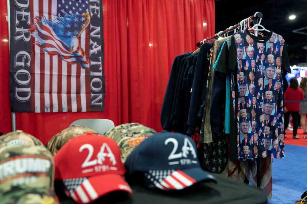 Merchandise with symbols of former President Donald Trump is sold at the Conservative Political Action Conference (CPAC) at Gaylord National Convention Center in National Harbor, Maryland, U.S., March 3, 2023. REUTERS/Sarah Silbiger