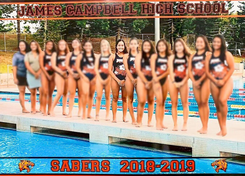 Ashley Badis (center) and her high ss school water polo teammates. UH