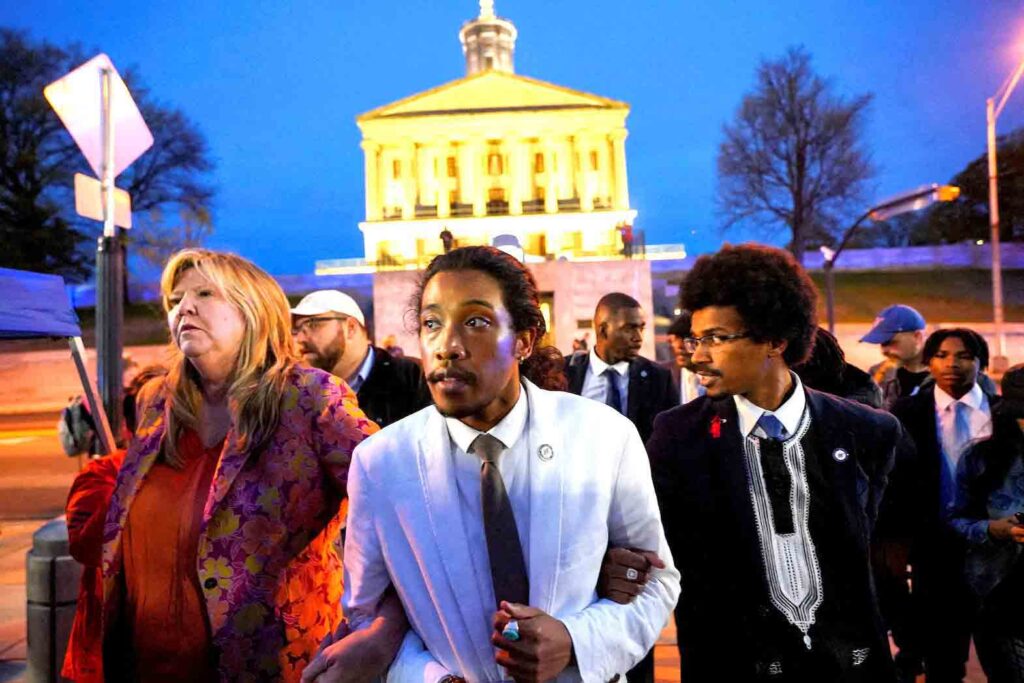 Rep. Justin Pearson, Rep. Justin Jones, and Rep. Gloria Johnson leave the Tennessee State Capitol after a vote at the Tennessee House of Representatives to expel two Democratic members for their roles in a gun control demonstration at the statehouse last week, in Nashville, Tennessee, U.S., April 6, 2023. REUTERS/Cheney Orr