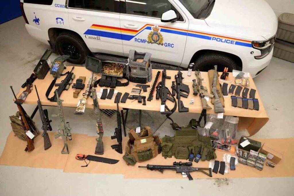 View of items seized by the Alberta RCMP after detentions at Coutts Border Blockade, in Coutts, Alberta, Canada February 14, 2022 in this handout picture. Royal Canadian Mounted Police/Handout via REUTERS