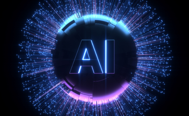 The word AI inside a circle of neon lights