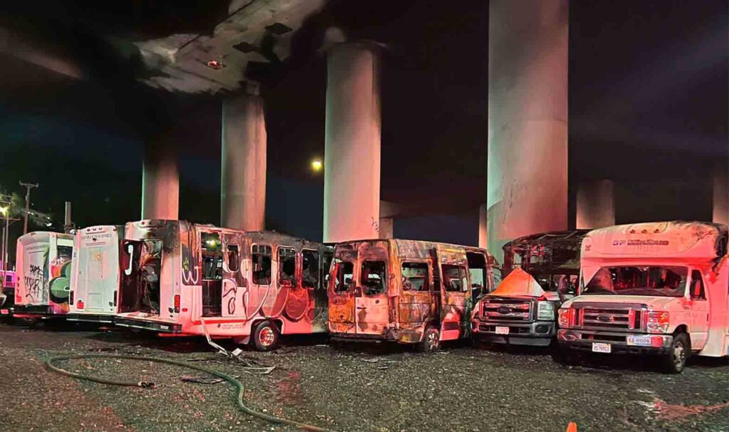  Photos shared by SFFD showed numerous San Francisco Minibus vehicles damaged and charred. 