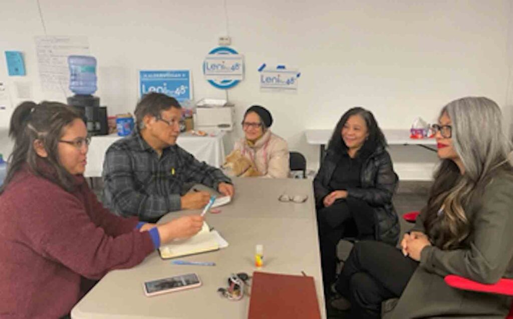 Interviewing 48th Ward Alderperson-elect Leni Manaa- Hoppenworth, the first Fil-Am to serve in Chicago's City Council (from left) Pinoy staffer Grace G. Szpytma, editor/publisher Mariano A. Santos in April shown with campaign volunteer Josie Viga, precinct captain Nerissa Allegretti and the alderperson-elect at their campaign HQ. PINOY EXCLUSIVE