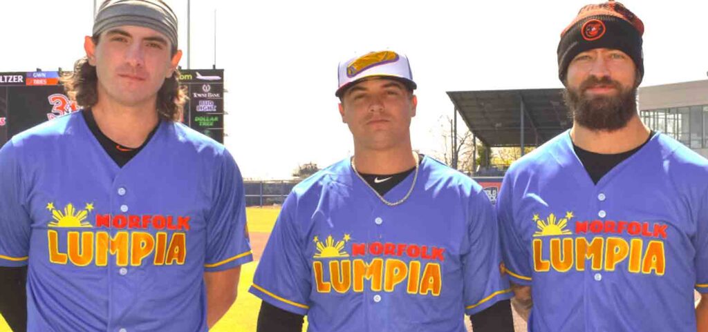 Morgan McSweeney (left), Cadyn Grenier (middle) and Drew Rom (right) sporting the Tides' temporary Norfolk Lumpia jerseys in celebration of Hampton Roads’ huge Filipino American community. NORFOLK TIDES)