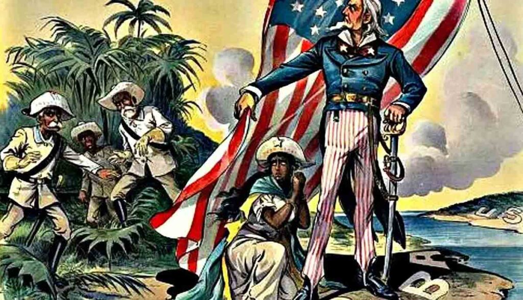American cartoon depicting U.S. as a savior of Cuban rebels against Spanish colonialism