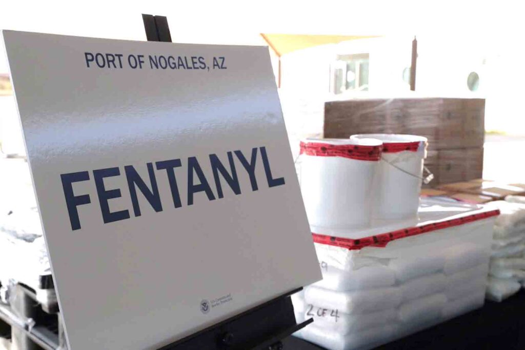 Packets of fentanyl mostly in powder form and methamphetamine, which U.S. Customs and Border Protection say they seized from a truck crossing into Arizona from Mexico, is on display during a news conference at the Port of Nogales, Arizona, U.S., January 31, 2019. Courtesy U.S. Customs and Border Protection/Handout via REUTERS