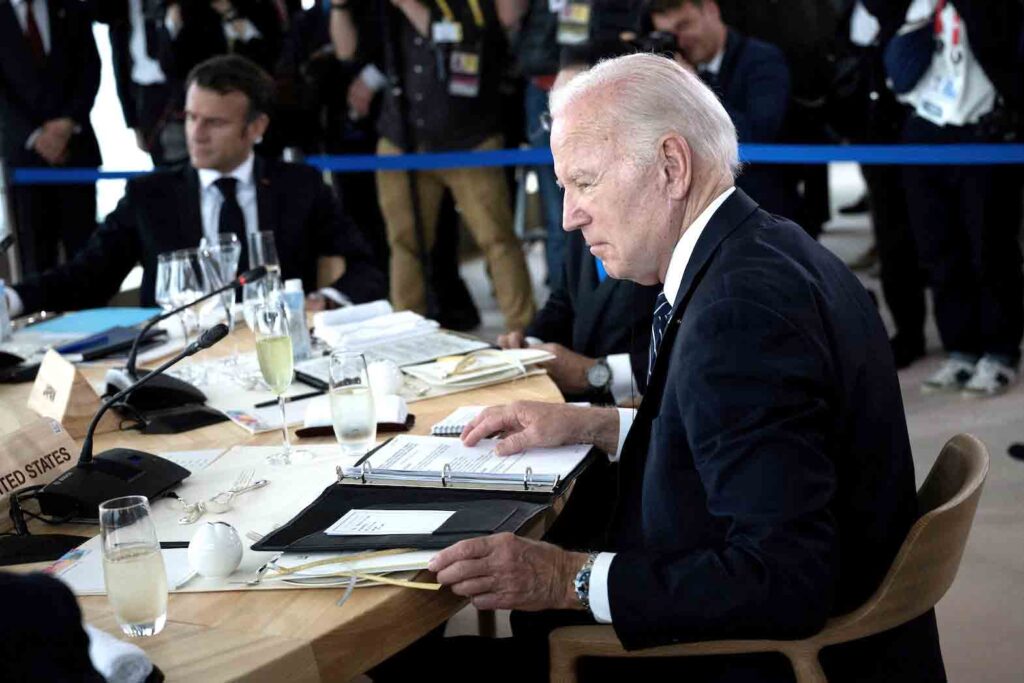 US President Joe Biden attends a meeting during the G7 Leaders' Summit in Hiroshima on May 19, 2023. BRENDAN SMIALOWSKI/Pool via REUTERS
