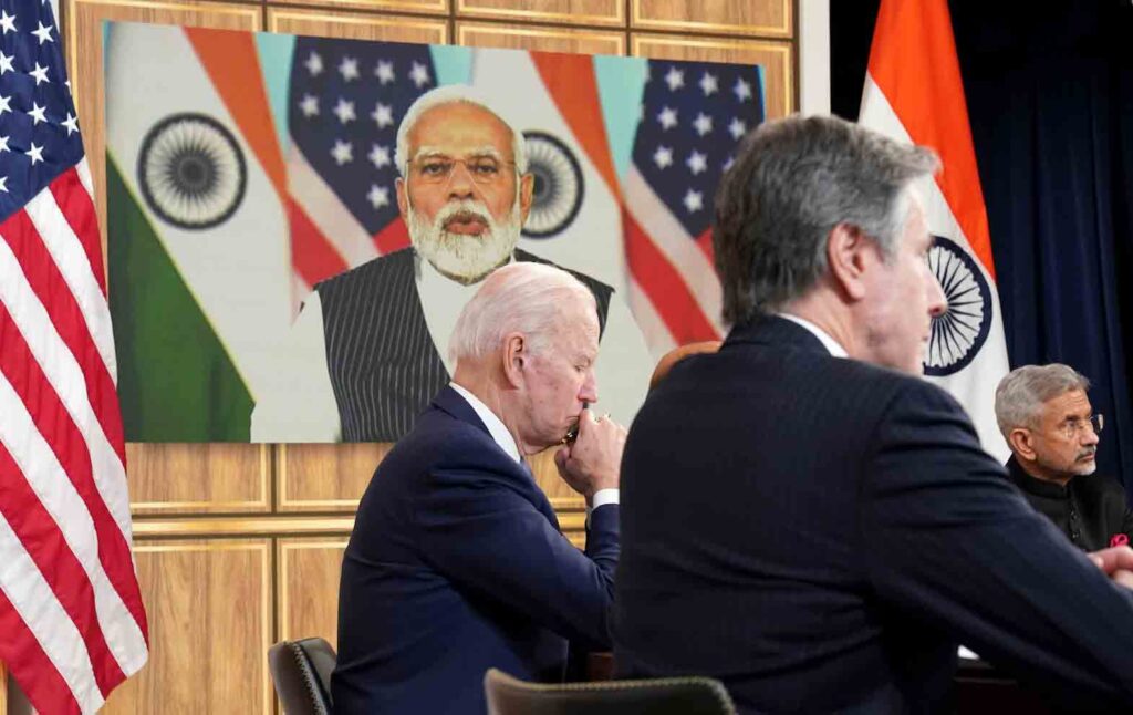 US President Joe Biden, seated with U.S. Secretary of State Antony Blinken and India's Foreign Minister Subrahmanyam Jaishankar, holds a videoconference with India's Prime Minister Narendra Modi to discuss Russia's war with Ukraine from the White House in Washington U.S., April 11, 2022. REUTERS/Kevin Lamarque