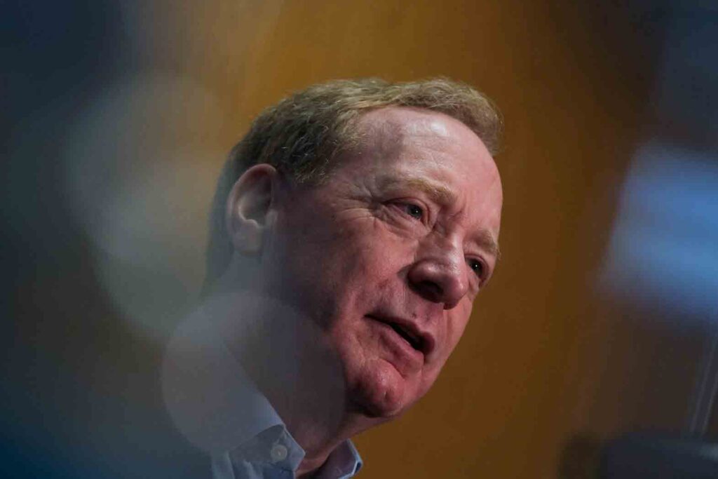 President of Microsoft Brad Smith reacts during an interview with Reuters at the Web Summit, Europe's largest technology conference, in Lisbon, Portugal, November 3, 2021. REUTERS/Pedro Nunes