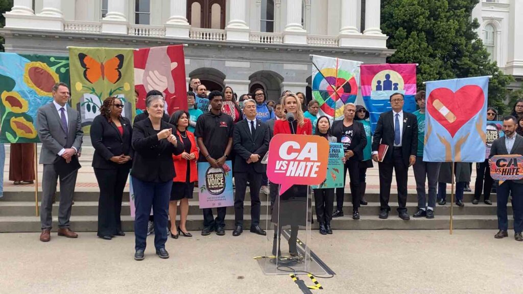 First partner Jennifer Siebel Newsom (speaking) leads California community leaders in the formal launch of CA vs Hate, a new multilingual statewide hotline and website at the steps of the state capitol in Sacramento. INQUIRER/Jun Nucum
