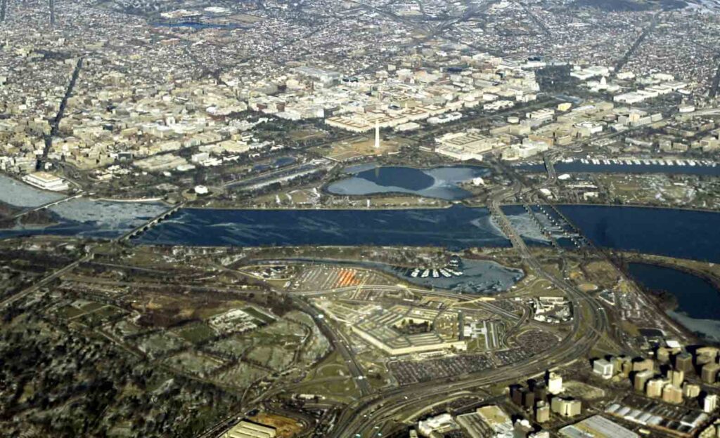 An aerial view of Washington D.C., January 28, 2005, features the major landmarks of the U.S. capital. At bottom center is the Pentagon in Arlington, Virginia, cutting through the middle is the Potomac River, at center is the Washington Monument and towards top right is the U.S. Capitol. REUTERS