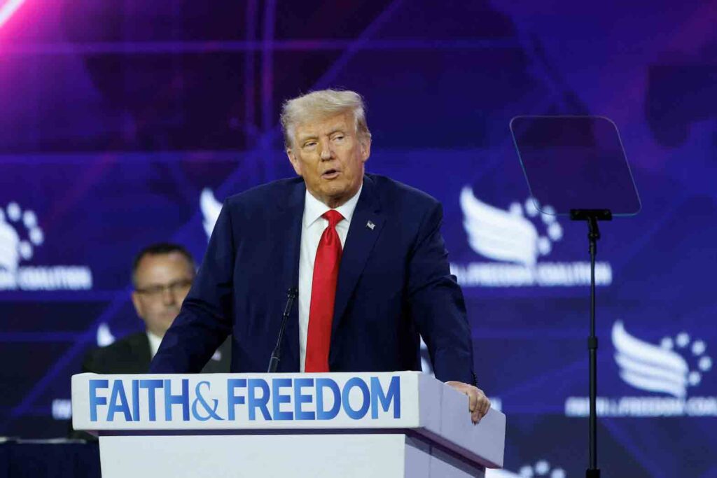 Former U.S. President Donald Trump addresses The Faith and Freedom Coalition's 2023 "Road to Majority" conference in Washington, U.S., June 24, 2023. REUTERS/Tasos Katopodis