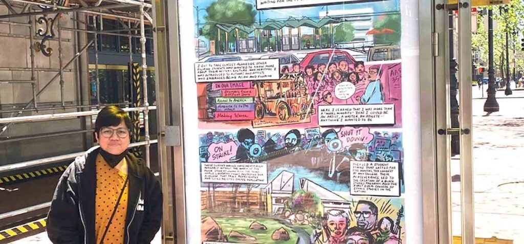 Rina Ayuyang’s nine posters are on display at 30 bus shelters in downtown San Francisco through June, presented by the San Francisco Arts Commission for the Art on Market Street Poster Series. SFSU  