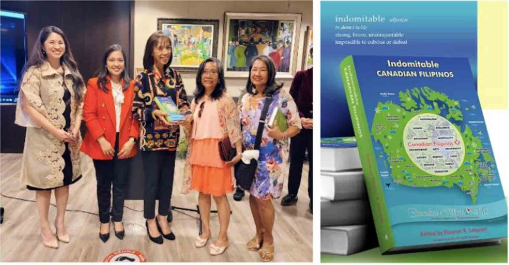 Consul General Arlene T. Magno (center) receives copy of Indomitable Canadian Filipinos (right photo). Also in the photo are (left to right) Atty. Melissa Briones, Consul Analyn Ratonel, Prof. Nora Angeles and Eleanor Campbell. VANCOUVER PCG
