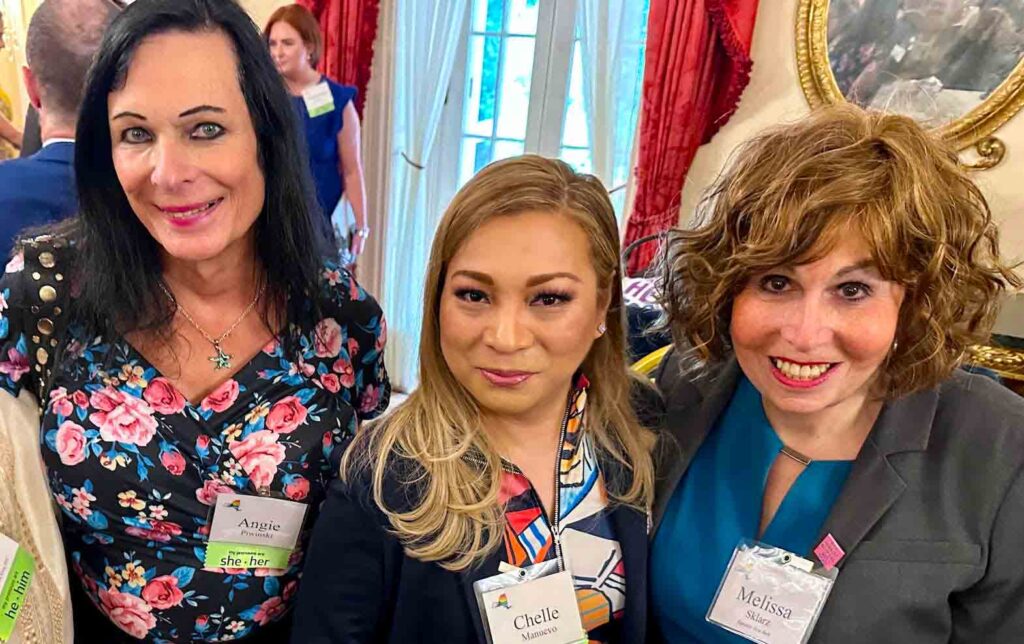 Influential transgender women at Governor Hochul’s inaugural Pride reception: trans rights activist Angelique Piwinski (from left), NYS World Pride Ambassador Chelle Lhuillier (FilAm), and Melissa Sklarz, the first trans woman elected official in New York. INQUIRER/Elton Lugay 