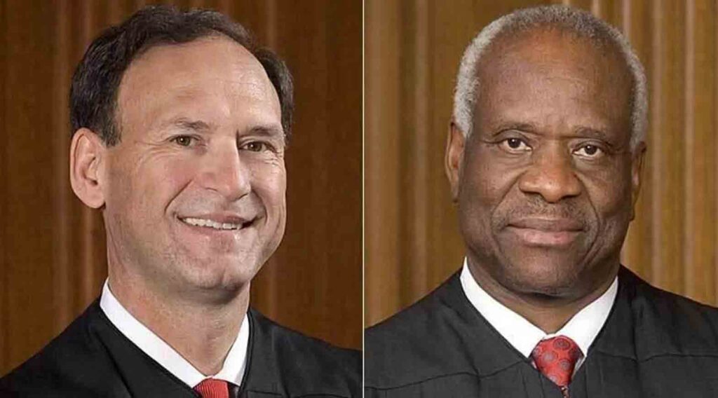 Supreme Court Justices Clarence Thomas (right) and Samuel Alito failed to disclose being lavished with gifts from billionaire Republican donors.
