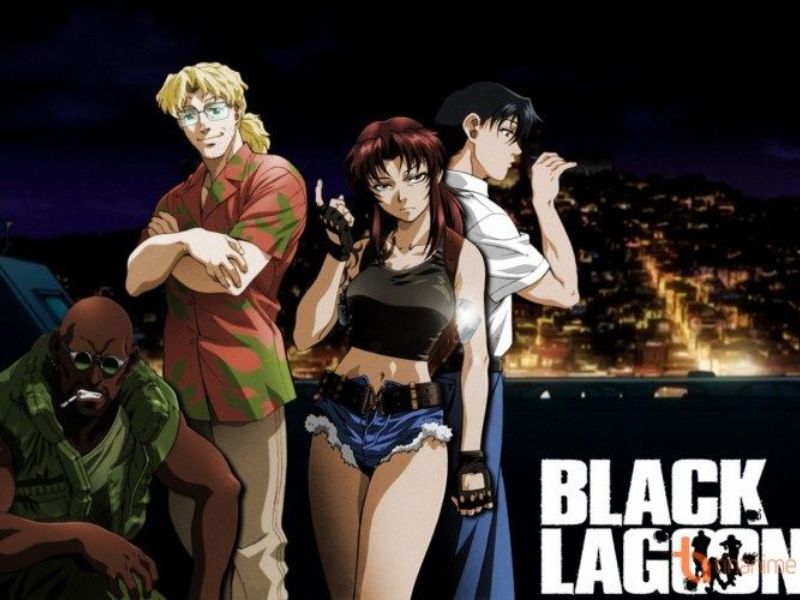 The members of the Black Lagoon Company, Revy, Dutch, Benny, and Rock, armed and ready for action.