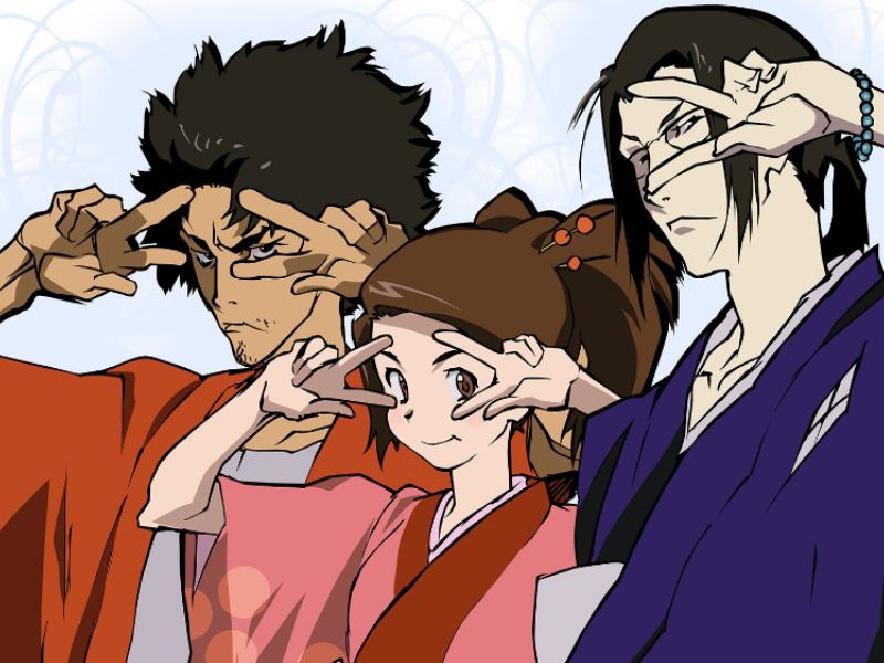 The main characters, Mugen, Jin, and Fuu, standing together.