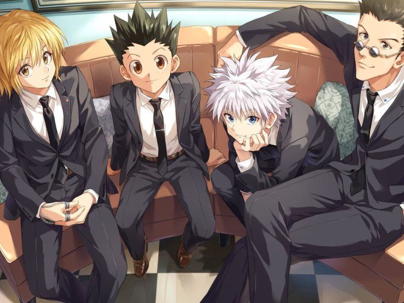 Gon Freecss, Killua Zoldyck, Kurapika, and Leorio, standing together in a determined pose.