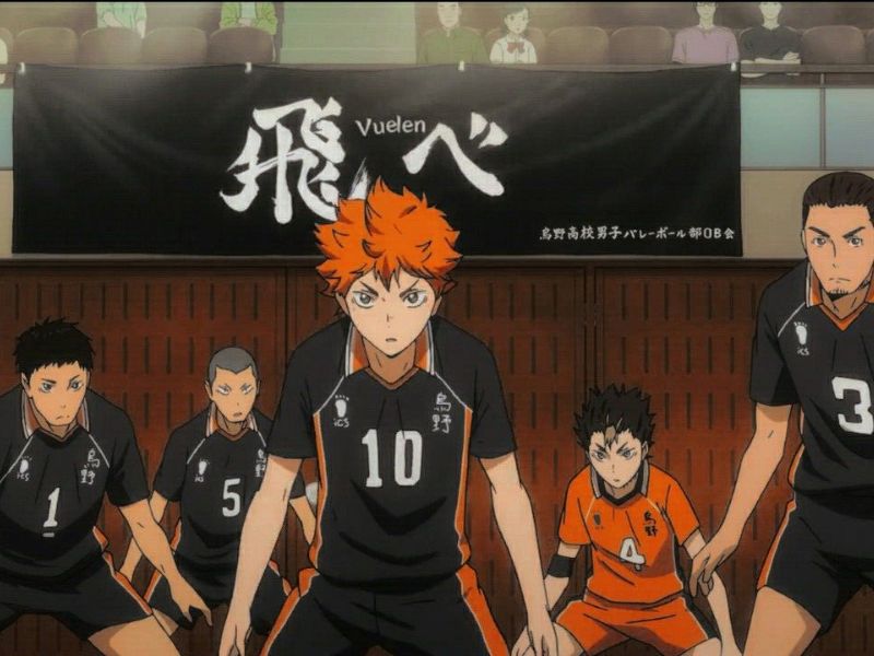 The Karasuno High School volleyball team members, ready for action on the court.