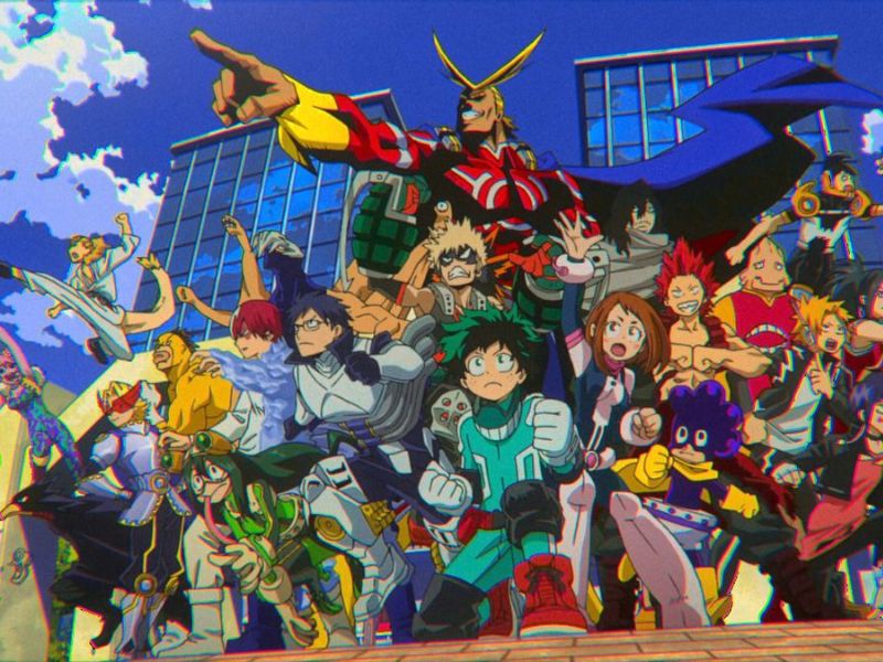 The main characters, Izuku Midoriya and All Might, in heroic poses.