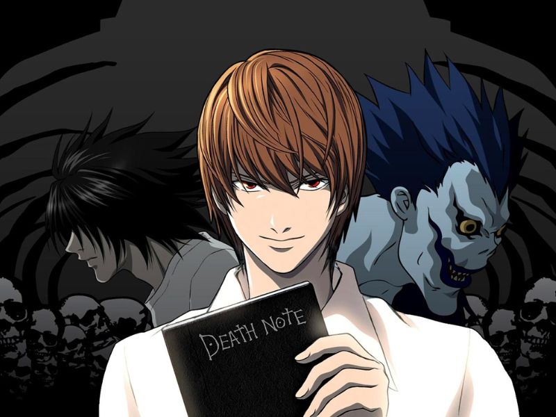 Light Yagami holding the Death Note, with the Shinigami