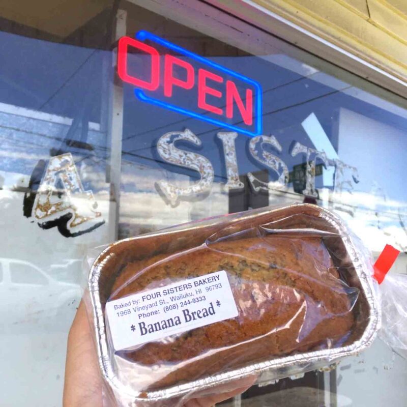 Four Sisters Bakery storefront and bakery's banana bread.