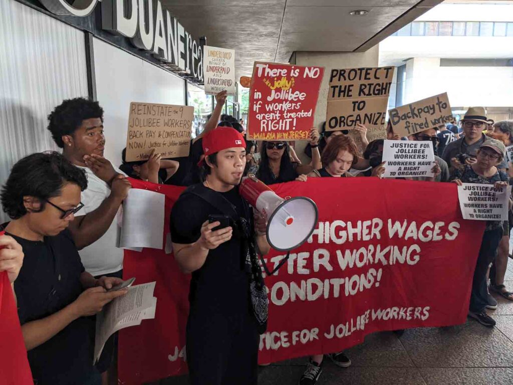 After filing a National Labor Relations Board complaint, a group of Jollibee workers and community members tried to deliver a letter to management to demand reinstatement and backpay. CONTRIBUTED