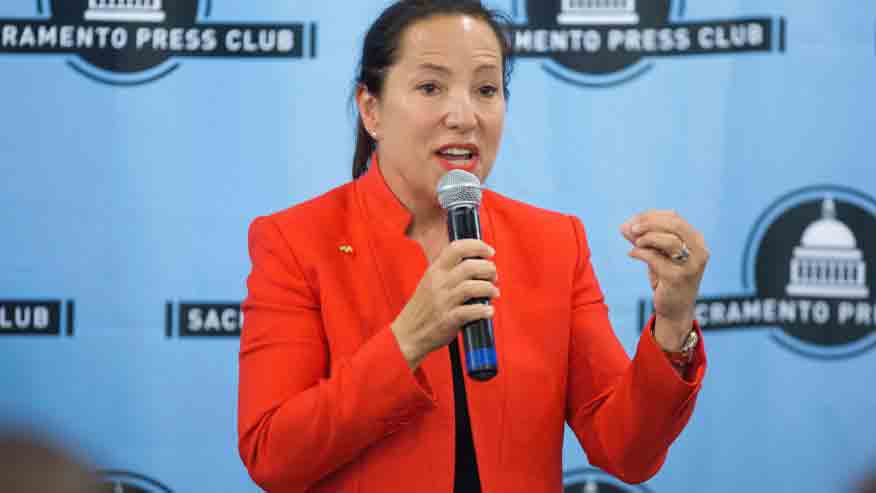 California Lt. Gov. Eleni Kounalakis speaks during a debate in Sacramento, Calif., on April 17, 2018, back when she was a candidate for the office. California’s lieutenant governor and other elected officials on Tuesday, Aug. 1,2 023, urged Taylor Swift to postpone her Los Angeles concerts as a way to stand in solidarity with striking hotel workers. (AP Photo/Steve Yeater, File)