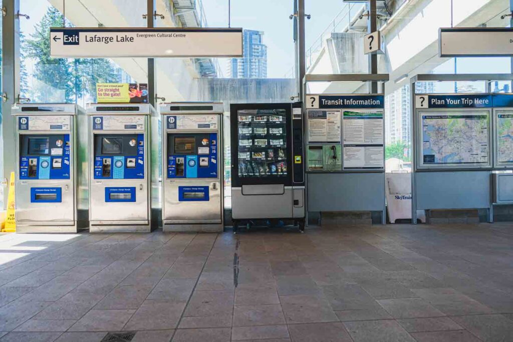 The first of the vending machines are being tested during select times at Lonsdale Quay SeaBus Terminal, Coquitlam Central Station, and Lafarge Lake–Douglas Station.