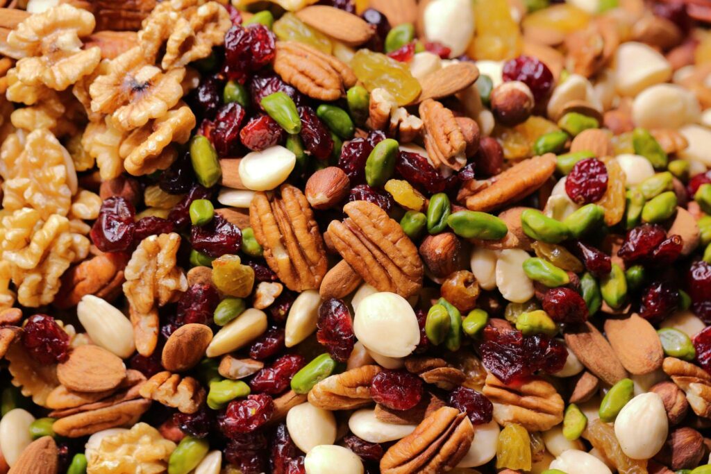 Closeup photo of assorted mixed nuts and dried berries