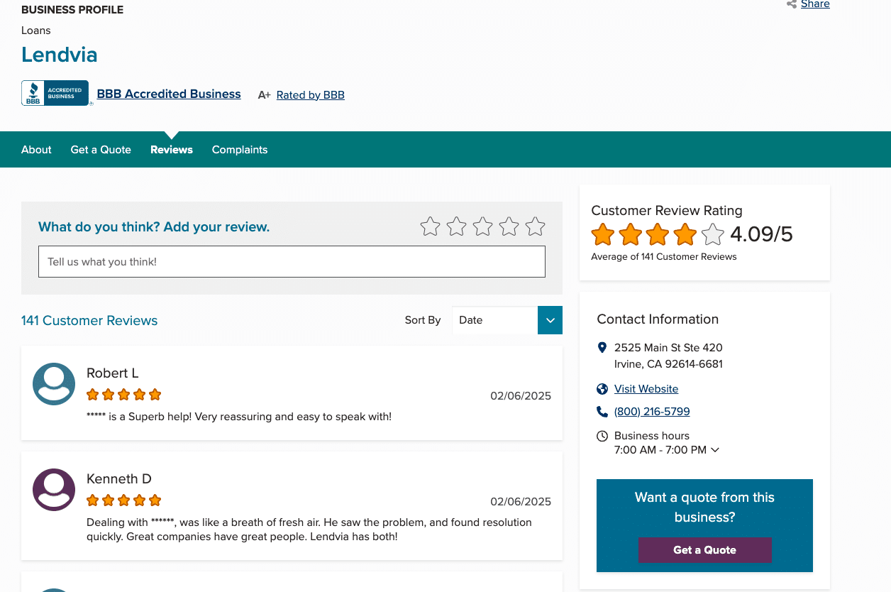 Better Business Bureau (BBB) profile page for Lendvia, showing an A+ rating and an average customer review score of 4.09/5 based on 141 customer reviews. The page includes user-submitted reviews, a section for adding a new review, business contact information, and a "Get a Quote" button.