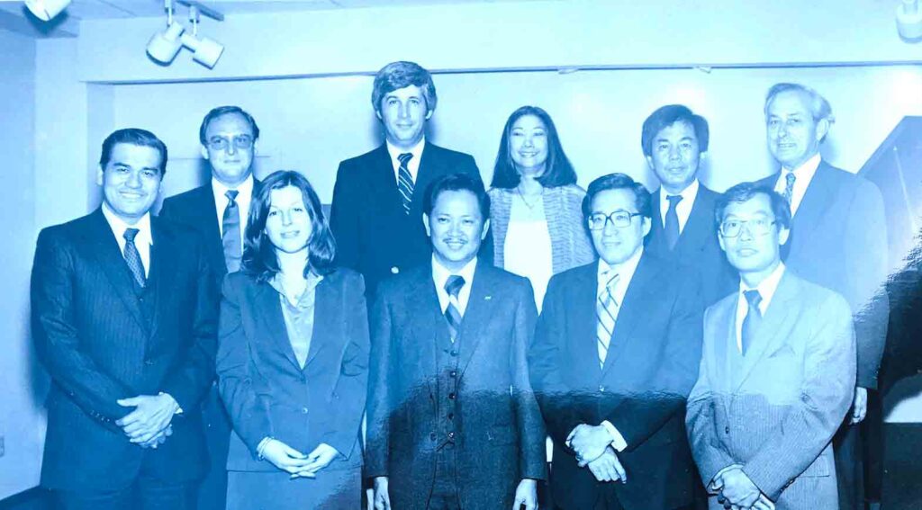 Group photo circa 1981 of SFFACC leadership: From Left, Left to Right:  Consul General of SF Romeo Arguelles; FACC Director P. J. Rhodes (P.J. Rhodes & Co.); Director Kathy Hoffman (Citibank); Director Larry David (President, Tondena USA); President Bert Galang (Purchasing Manager, AG&P Company of Manila, Inc.); Director Maria Luisa Gallego; Vice President and Director Juan Collas (Baker & McKenzie Law Offices); Director Mariano Aspillera (J. A. Marketing); Director Jose San Gabriel (Banque National di Paris); and Director Frank Podesta (Maersk)