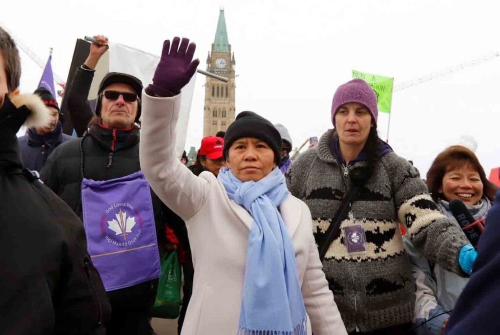 "Queen of Canada" Romana Didulo (center) and her followers on Parliament Hill during convoy protests on Feb. 3, 2022 | Photo from Reuters