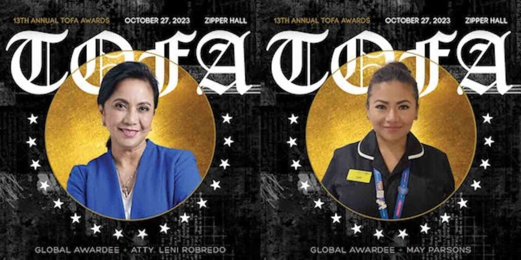 Among the TOFA awardees are Leni Robredo (left), the 14th vice president of the Philippines, who has been a stalwart champion of social development, and May Parsons, a Filipina nurse serving in the UK’s National Health Service, who made headlines by administering the first Covid-19 vaccine in December 2020