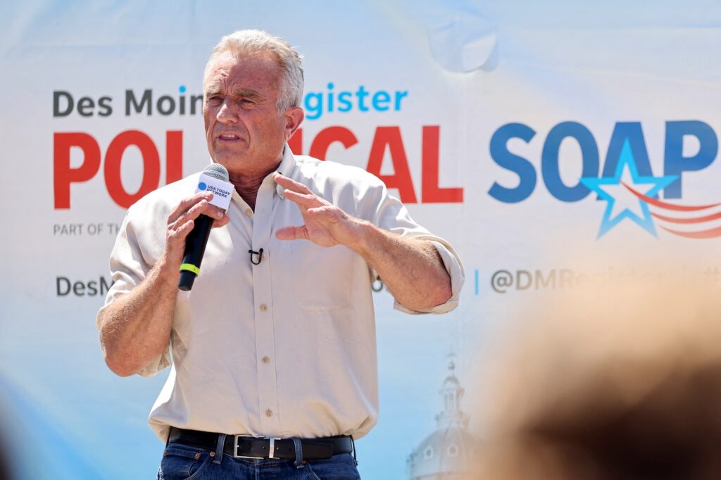 Democratic presidential candidate Robert F. Kennedy Jr. delivers his political soapbox speech at the Iowa State Fair in Des Moines, Iowa, U.S. August 12, 2023. REUTERS/Scott Morgan