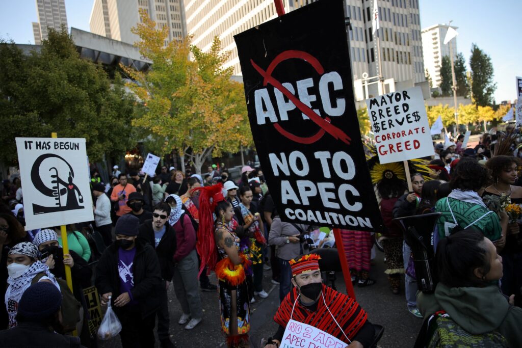 People attend a protest against the upcoming APEC Summit in San Francisco, California on Nov. 12, 2023 | Photo by Carlos Barria/Reuters