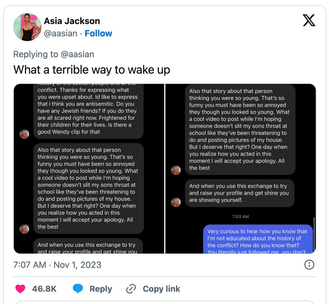 Screenshot of the Instagram exchange between Schumer and Jackson